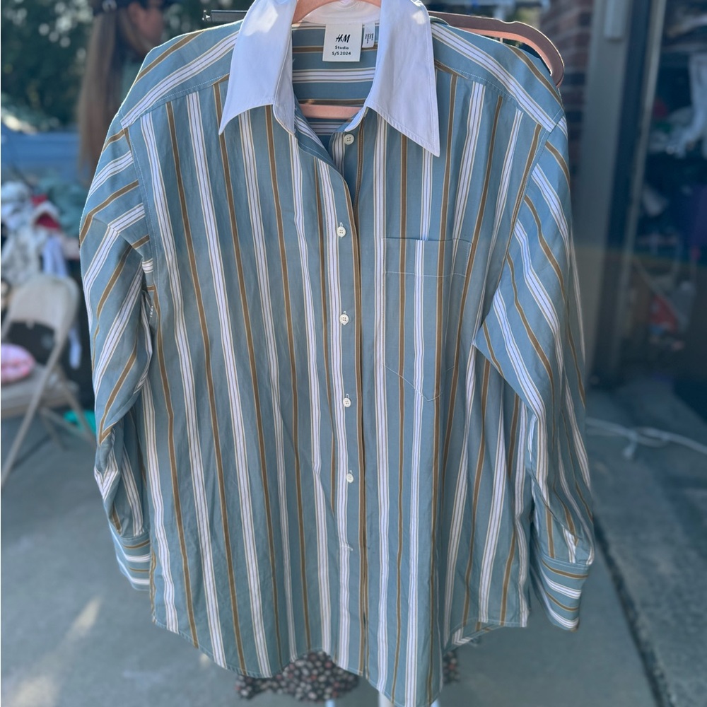 H&M Striped Button-Down Shirt in Blue, White, and Tan